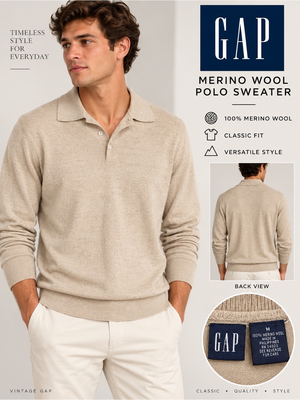 Vintage GAP Men’s Merino Wool Polo Sweater Beige Tan Size M 90s Preppy